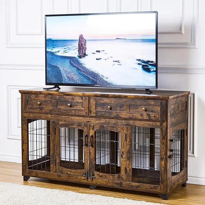 2 Rooms Dog Crate Furniture for Big Breed,58" Wooden Dog Crate Table with 2 Drawers,Indoor Dog Kennel,Dog House,Dog Cage,T...