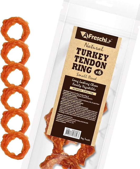 Afreschi Turkey Tendon for Dogs, Small Ring 6 Pieces per Pack, USA-Sourced Turkey, All Natural Human Grade Puppy Chew, Hyp...