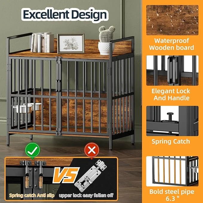 Large Dog Crate Furniture, with 360° Adjustable Elevated Feeder, Heavy Dog Furniture, Indoor Decorative Dog Kennel, Sturdy...