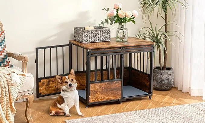 KOOPRO 32 Inch Dog Crate Furniture with Cushion for Large Medium Dogs, Wooden Heavy Duty Dog Kennel with Double Doors, Dec...