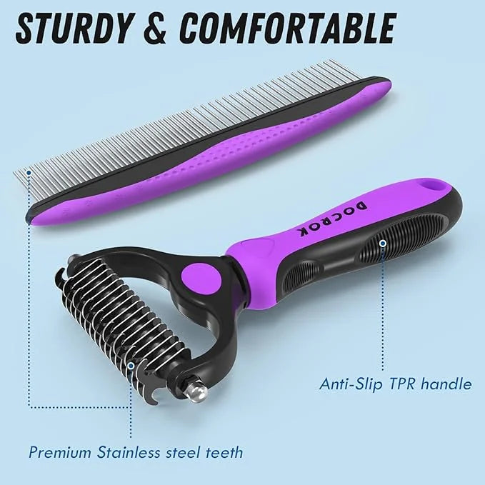 Pet Grooming Brush and Metal Comb Combo - Undercoat Rake for Dematting and Deshedding Long Matted Haired Dogs and Cats, Pu...
