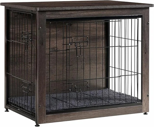 DWANTON Dog Crate Furniture with Cushion, Wooden Kennel Table with Double Doors, Indoor Dog House, Small/Medium/Large/Extr...