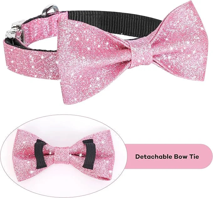 Bling Dog Bow Tie Collar for Puppy Small Dogs and Cats, Cute Pink Girl Dog Collar with Bow for Daily Walking or Holiday Pa...