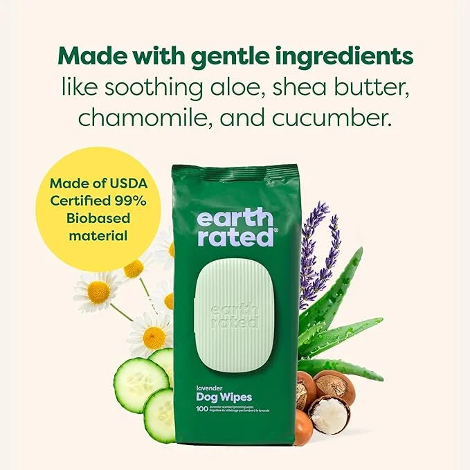 Earth Rated Dog Grooming Wipes, Hypoallergenic, Cleaning and Hydrating, for Paws, Body and Butt, Lavender Scented, 100 Cou...