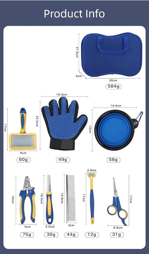 TSINGS Pet Grooming Tools 8-Piece Kit with Hair Comb, Steel Comb, Nail Clipper, File, Hair Clipper, Toothbrush, Bowl and H...