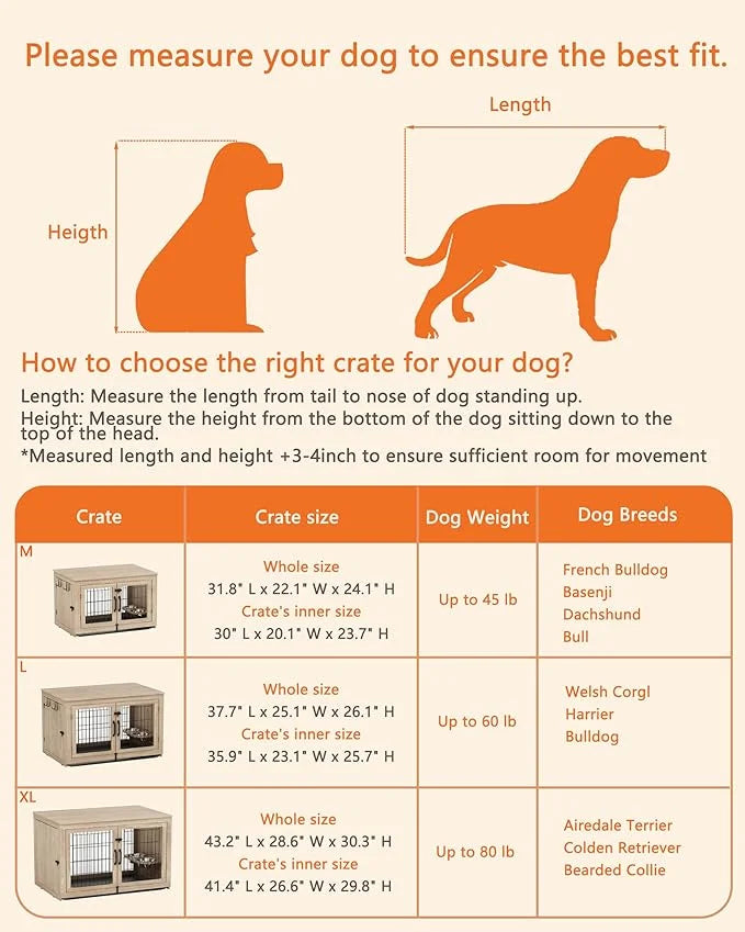 Piskyet Wooden Dog Crate Furniture with 360°Rotatable Removable Dog Bowls, Dog Crate End Table with Tray, Double Doors Dog...