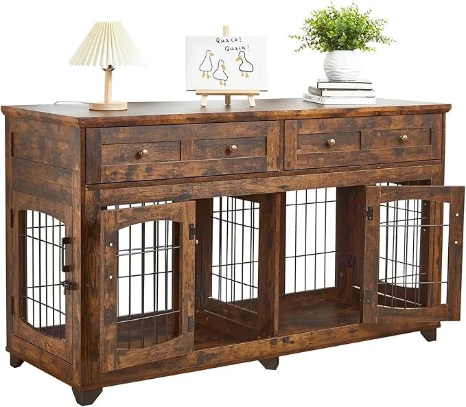 2 Rooms Dog Crate Furniture for Big Breed,58" Wooden Dog Crate Table with 2 Drawers,Indoor Dog Kennel,Dog House,Dog Cage,T...