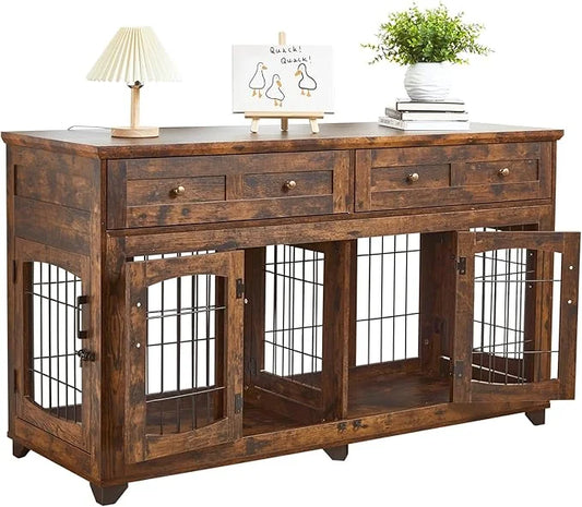 2 Rooms Dog Crate Furniture for Big Breed,58" Wooden Dog Crate Table with 2 Drawers,Indoor Dog Kennel,Dog House,Dog Cage,T...