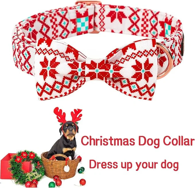 Unique style paws Christmas Dog Collar with Bow Tie Red White Grid Cotton Collar Adjustable Puppy Plaid Collar for Small M...