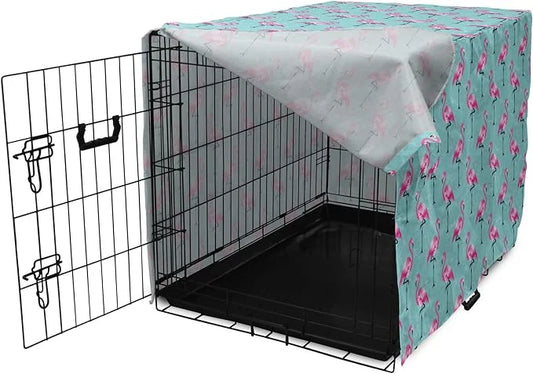 Lunarable Turquoise Dog Crate Cover, Repetitive Pink Flamingos on Wavy Water Background Vivid Colors Graphic, Easy to Use ...