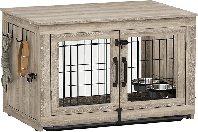 Piskyet Wooden Dog Crate Furniture with 360°Rotatable Removable Dog Bowls, Dog Crate End Table with Tray, Double Doors Dog...