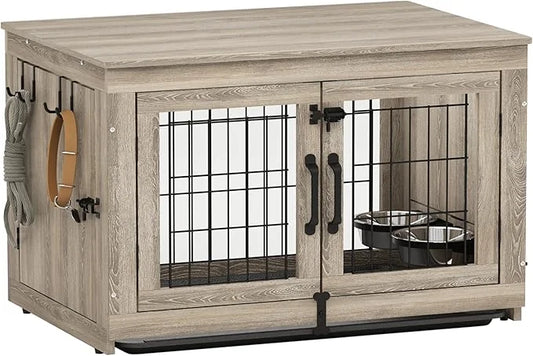 Piskyet Wooden Dog Crate Furniture with 360°Rotatable Removable Dog Bowls, Dog Crate End Table with Tray, Double Doors Dog...