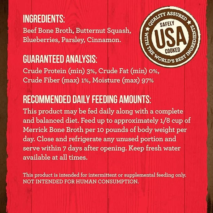 Merrick Grain Free Bone Broth, Premium Human Grade And Gluten Free Dog And Cat Food Topper Pouches, Beef - 7 oz. Pouch - P...