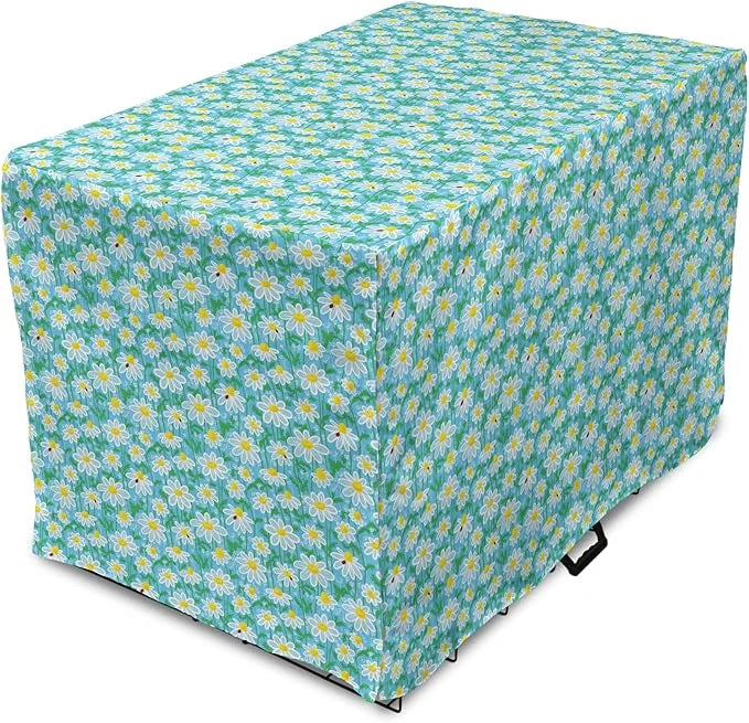 Lunarable Yellow and Blue Dog Crate Cover, Meadow Art Pattern with Ladybirds and Chamomile Daisy Blossoms, Easy to Use Pet...