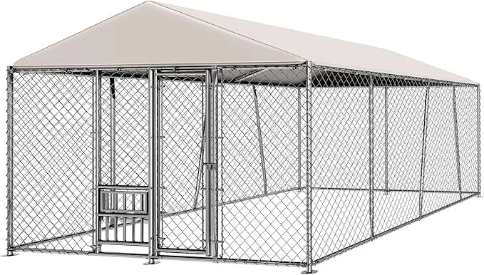 10 x 15FT Large Outdoor Dog Kennel with Bowls, Dog Kennel Outside with Waterproof Cover Roof, Galvanized Heavy Duty Chain ...