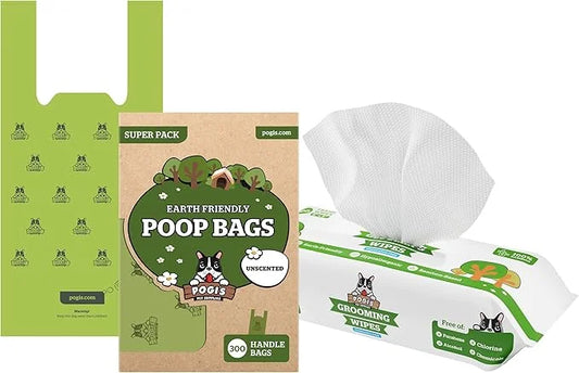 Pogi's 300 Unscented Dog Poop Bags w/Handles and 100 Plant-based Grooming Wipes Bundle - Product Image