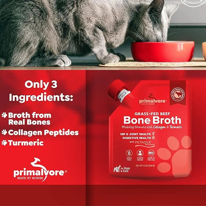Primalvore Grass-Fed Beef Bone Broth for Dogs &Cats, Mobility Formula w/Collagen Peptides to Help Support Hip & Joints, Di...