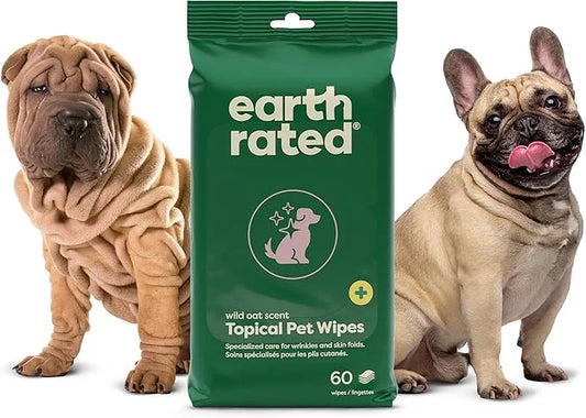 Earth Rated Wrinkle Wipes for Dogs, Perfect for Bulldogs and Pugs, to Cleanse Wrinkles and Folds, Wild Oat Scent, 60 Count...