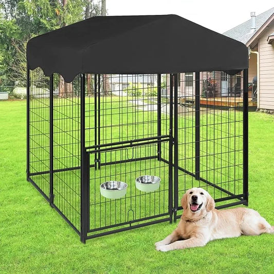 Dog Kennel Outdoor with Waterproof Roof, 4'L x 4'W x 4.5'H Large Outdoor Kennel with Rotating Feeding Door, Bowls, Dog Cag...