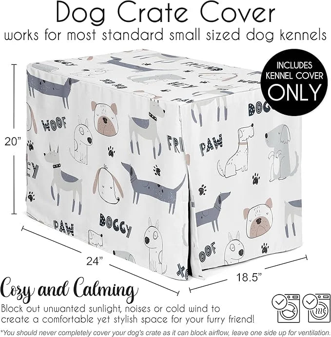 Sweet Jojo Designs 24in. Small Dog Crate Cover (Cartoon Puppy Print) Pet Cage, Kennel Covers (Neutral, Modern, Bulldog, Wi...