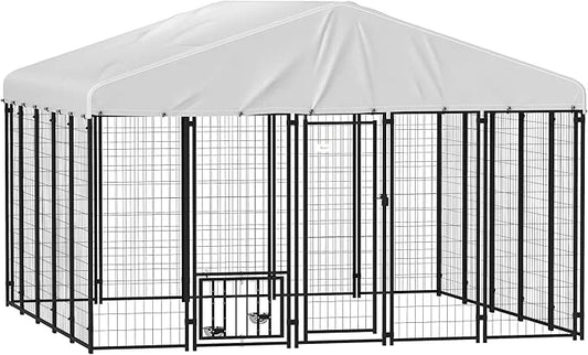 PawHut 9.8' x 9.8' x 6.8' Outdoor Dog Kennel, Welded Wire Heavy Duty Dog Run with 360° Rotating & 4 Level Adjustable Bowls...