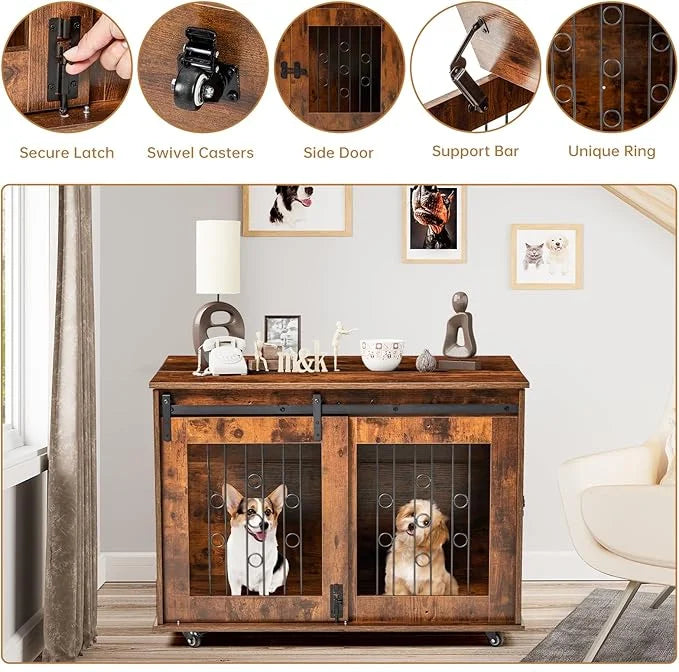 2 Rooms Dog Crate Furniture with Movable Divider,39" Wooden Dog Crate Table,Wooden Dog Kennel Pet House Cage,Flip Top 39.3...