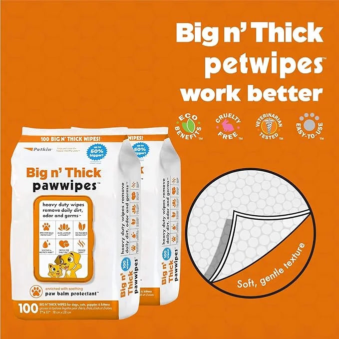 Petkin Big N' Thick Paw Wipes for Dogs, 200 Large Wipes - Clean Dirty Paws After Walks, with Paw Balm Protectant - Keep Fl...