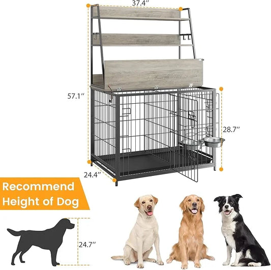 Dog Crate Furniture, 57 Inch Dog Kennel Furniture with Storage Shelves and Removable Tray, Indoor Dog House with 2 Doors a...