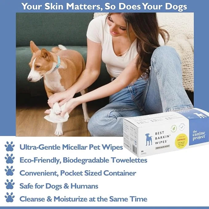 Best BARKIN' Wipes with Free Mesh Bag - Dog Wipes for Paws Ears and Butt - Micellar Aloe Scented Travel Friendly Puppy Wip...