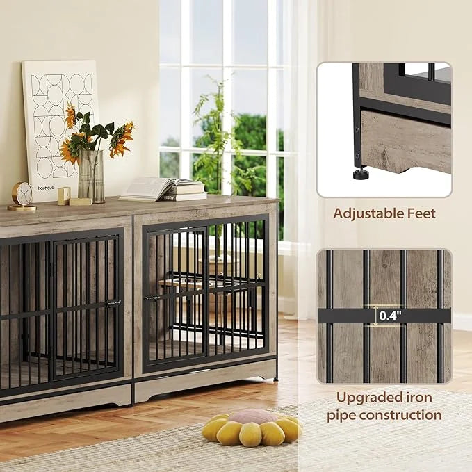 Rovibek 78 Double Dog Crate Furniture for 2 Large Dogs Indoor, Wooden Furniture Dog Crates with Dog Bowl, Dog Kennel Furni...