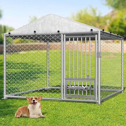Rovibek Outdoor Dog Kennel with Roof, 6.7 X 6.7 Outside Kennel Heavy Duty Dog Run Fence with Waterproof Sun-Proof Cover, O...