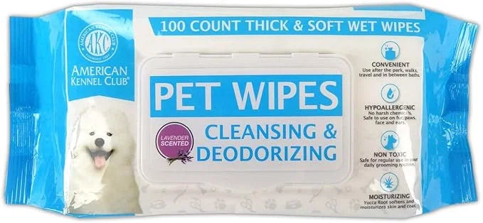 American Kennel Club AKC Dog Wipes for Cleansing & Deodorizing Great for Face, Ears, Paws, Body, & Butt - Lavender Scented...