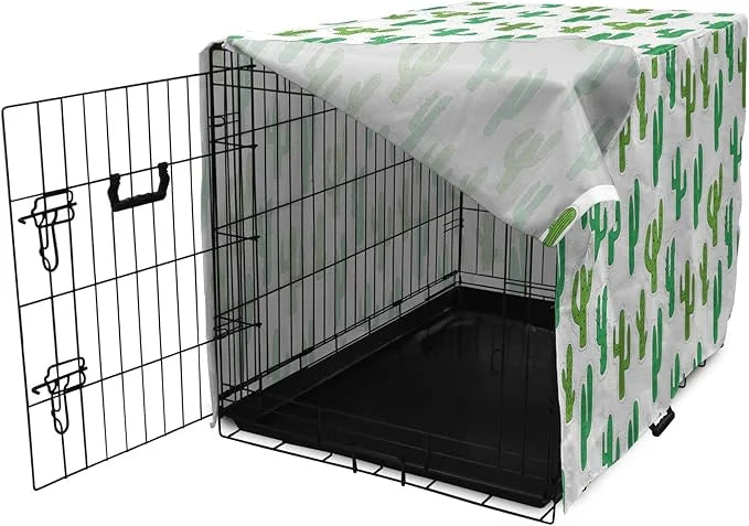 Lunarable Cactus Print Dog Crate Cover, Hand Drawn Cutout Style Cactus Plants Warm Climate Botany with Thorns, Easy to Use...