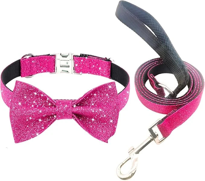 Bling Bow Tie Dog Collar and Leash Set, Cute Pink Girl Dog Collar with 5ft Leash for Small Medium Dogs Daily Walking or Ho...