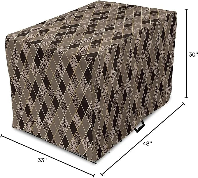 Lunarable Contemporary Brown Dog Crate Cover, Rhomb Check Pattern with Animal Skins, Easy to Use Pet Kennel Cover for Medi...