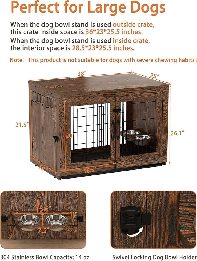 Piskyet Wooden Dog Crate Furniture with 360°Rotatable Removable Dog Bowls, Dog Crate End Table with Tray, Double Doors Dog...
