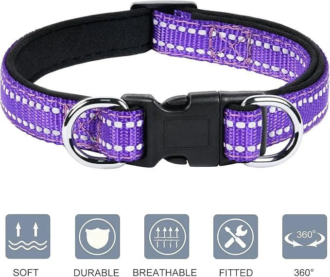 AUAUY Reflective Nylon Dog Collars, Adjustable Classic Pet Collars with Soft Neoprene Padding, Double Security Dual D-Ring...