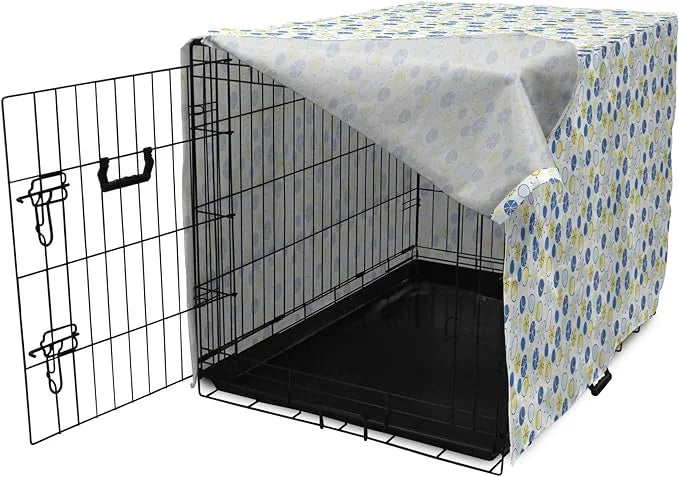 Lunarable Yellow and Blue Dog Crate Cover, Random Doodle Circles Abstract Floral Pattern, Easy to Use Pet Kennel Cover for...