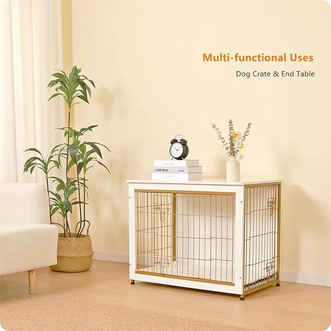 DWANTON Dog Crate Furniture with Cushion, Wooden Kennel Table with Double Doors, Indoor Dog House, Medium Size, 32.5" L, W...