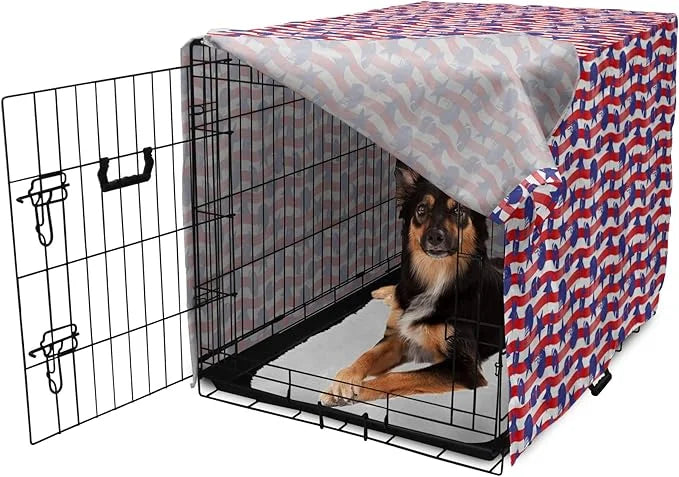 Lunarable Football Dog Crate Cover, Wavy Stripes and National Sport in American USA Inspired Colors, Easy to Use Pet Kenne...