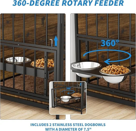 LOVMOR Dog Cage Furniture with Rotating Feeder Bowls, Dog Kennel Indoor with Cushion, Dog Crates for Small and Medium Dogs...
