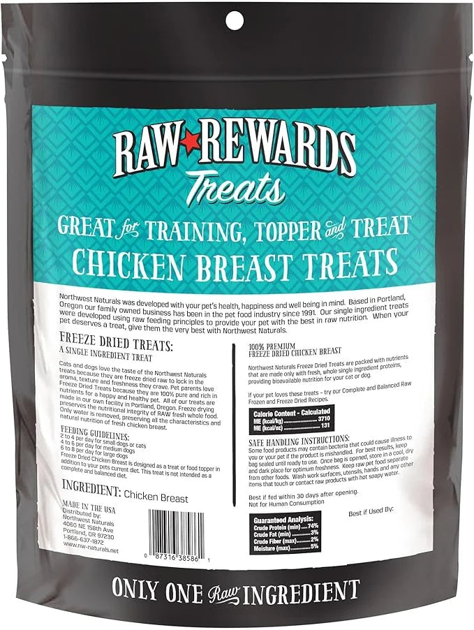Northwest Naturals Raw Rewards Freeze-Dried Chicken Breast Treats for Dogs and Cats - Bite-Sized Pieces - Healthy, 1 Ingre...