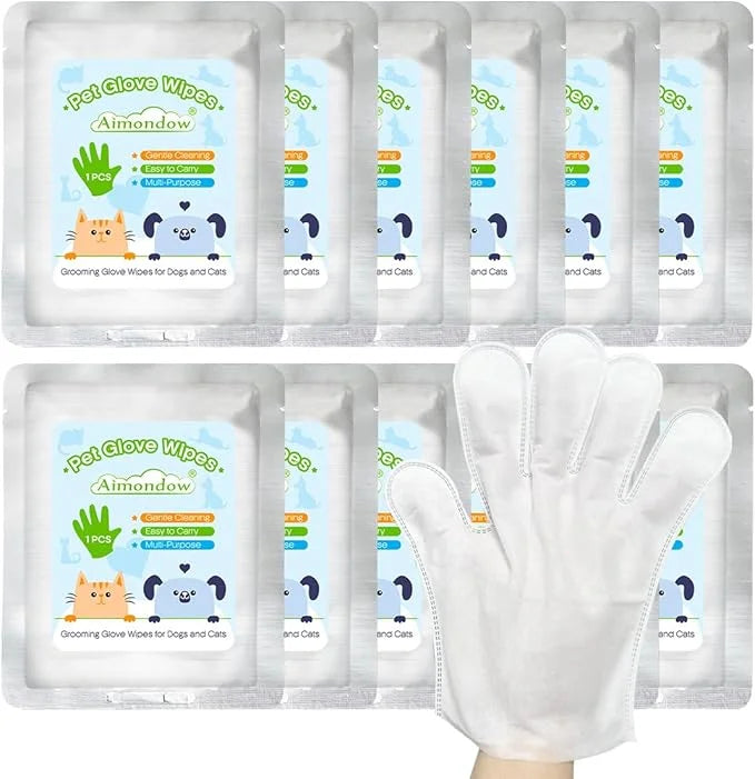 Bathing Wipes Glove for Dogs Cats, 12 PCS Dog Cleaning Glove Wipes with Grooming Fur, Dog Wipes Washing Gloves, Cat Cleani...
