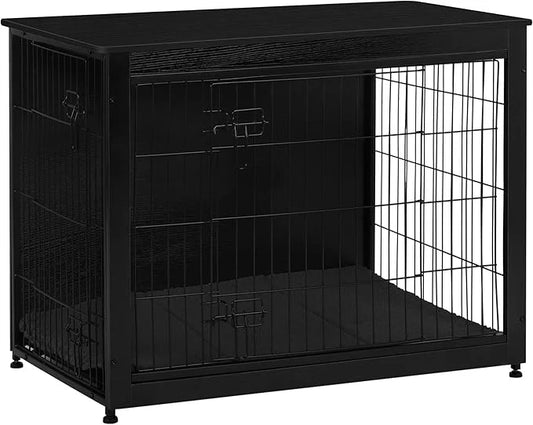 DWANTON Dog Crate Furniture with Cushion, Wooden Kennel Table with Double Doors, Indoor Dog House, Large Size, 38.5" L, Bl...