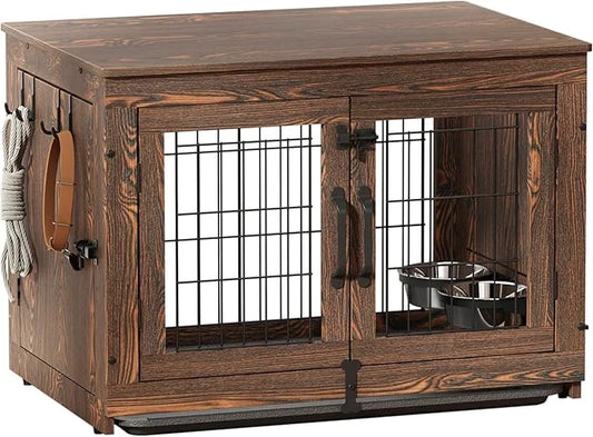 Piskyet Wooden Dog Crate Furniture with 360°Rotatable Removable Dog Bowls, Dog Crate End Table with Tray, Double Doors Dog...