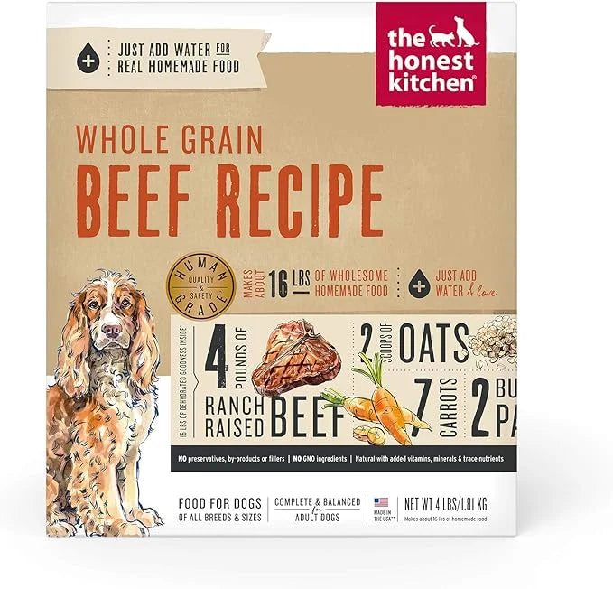 The Honest Kitchen Human Grade Dehydrated Whole Grain Dog Food – Complete Meal or Dog Food Topper – Beef 4 lb (makes 16 lb...