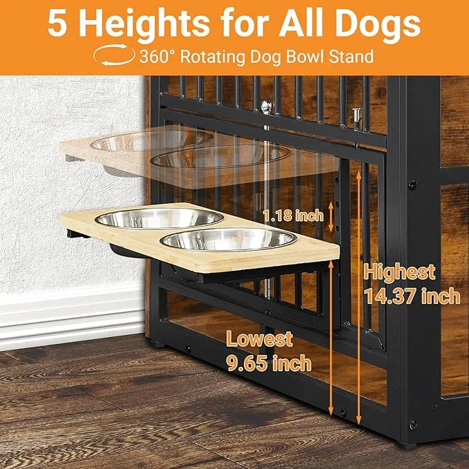 Dog Crate Furniture, 48 Inch Dog Kennel Furniture, Wooden Dog Crate Furniture Large Breed with Rotating Bowls, Heavy Duty ...