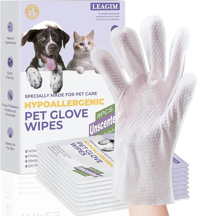 Pet Cleaning Glove Bathing Wipes for Dogs and Cats, Deodorizing No-Rinse Grooming Wipes for Paws, Body, and Butt, Perfect ...