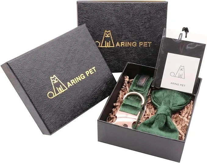 ARING PET Dog Collars with Bowtie-Velvet Dog Bow tie Collar, Adjustable Dark Green Dog Collar - Product Image