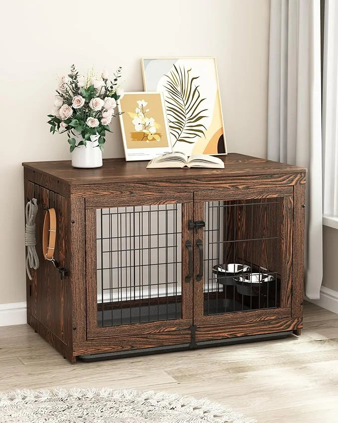 Piskyet Wooden Dog Crate Furniture with 360°Rotatable Removable Dog Bowls, Dog Crate End Table with Tray, Double Doors Dog...